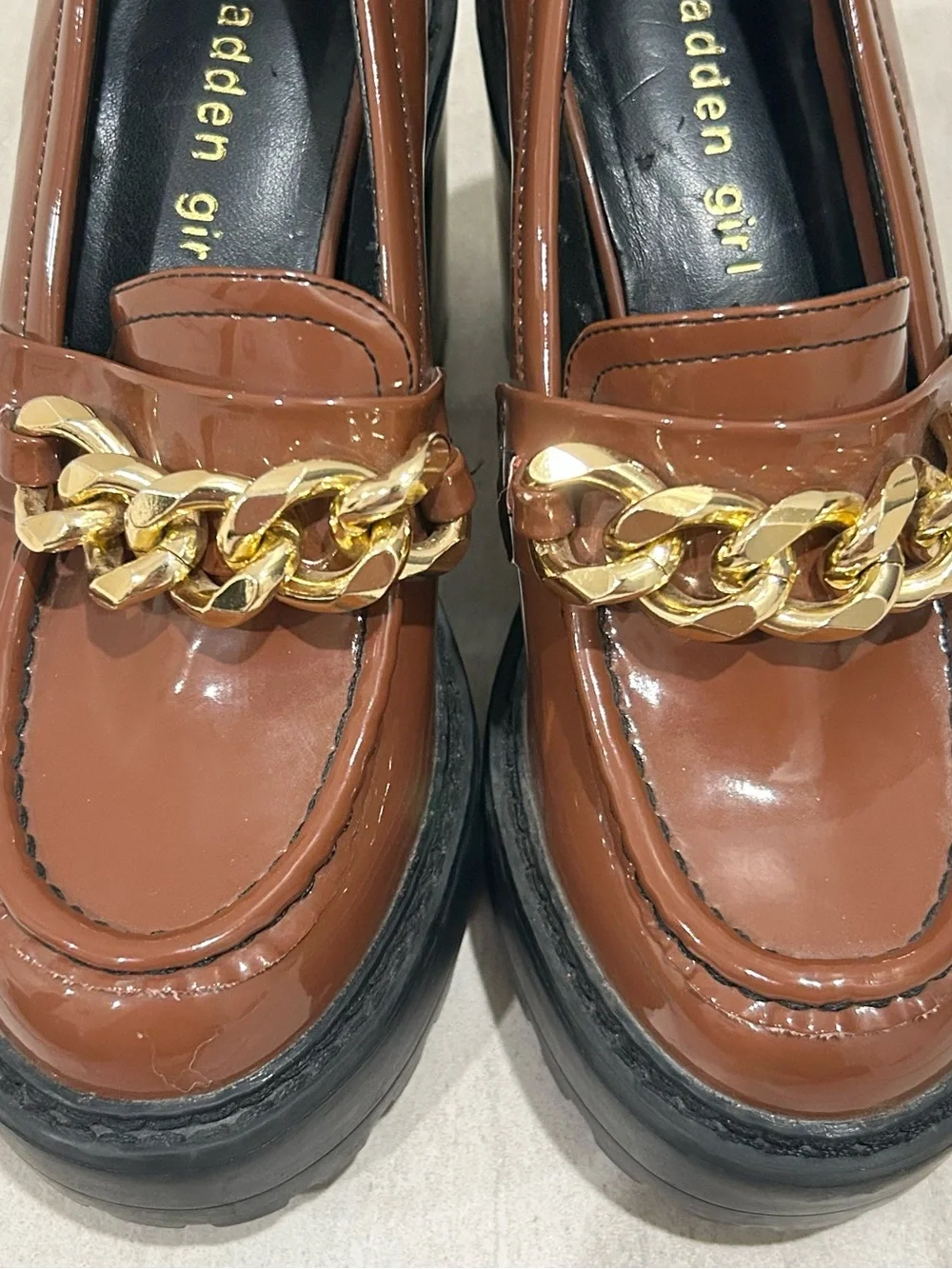 Madden Girl Brown Patent Platform Loafers with Gold Chain